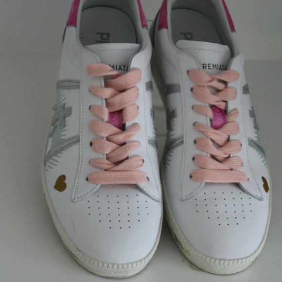 Womens Premiata Light Leather Sneakers White and Pink Shoes 38 EU 8 Worn 2x - Picture 3 of 9